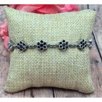 None Pretty Silver Tone & Black Rhinestone Floral Link Tennis Bracelet 7.25" Long Photo 2