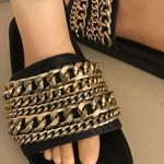 Kendall + Kylie  women black leather slide Shiloh gold chain sandals US 7.5 Photo 3