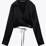 ZARA NWT! satin neck long sleeve plunge wrap blouse gold chain detail medium Photo 0