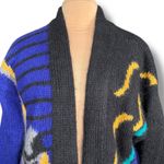 Vintage 80s Wool Mohair Cardigan Sweater Black Purple Geometric Abstract Art Blue Size M Photo 2