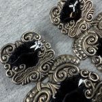 Vintage Black Silver Ornate Luggage Tag Articulated Earrings Scrollwork Design Photo 4