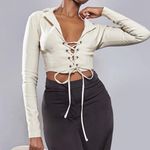 Pretty Little Thing  Stone Stretch Woven Lace Up Shirt, Size 2 Photo 0