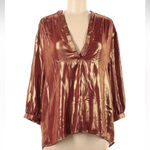 Anthropologie  Gold Copper Metallic Shimmer Foil Blouse V-Neck Size Medium M Photo 6