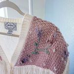Vintage Cream with Pink Purple Floral Knit Sweater Cardigan Fringe Size L Photo 3