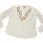 Charlie Paige  Women’s Top Large Linen Blend Embroidered Roll Tab Sleeves Photo 0