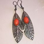 Silver Tone Coral Accent Boho Feather Earrings Photo 1
