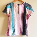J.Crew 100% Linen Ruffle sleeve top mixed stripe Womens Size 2 Blouse Lightweight Photo 2