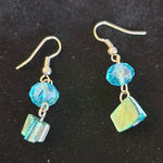 Dangle‎ Earrings Blue Faceted Bead Iridescent Square Charm Jewelry Photo 0
