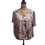 Adrienne Vittadini  Blouse Womens 2X Pink Floral Sheer Bubble Hem V-Neck‎ Chain Photo 1