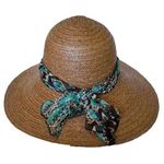 Kathy Jean woven hat with wide brim and multicolor fabric band with bow detail Tan Photo 0