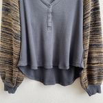 Free People Grey Yellow Stripe Sweet Confession Henley Waffle Knit Pullover Photo 5