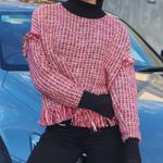 ZARA  Red Fringe Trim Tweed Sweater Photo 4