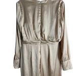 Mac Duggal Champagne Gold Long Sleeve Faux Wrap Slit Satin Evening Gown Size 12 Photo 13