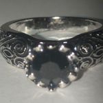 Size 6 Silver Tone & Round Black CZ Solitaire Scroll Design Boho Ring Photo 3