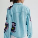 Maeve Anthropologie  Blue White Striped Pansy Embroidered Shirt Photo 9