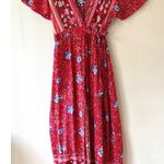 Maxi Dress Red Wrap V Neck Short Sleeve Front Split Summer Floral Belted, Size S Photo 1