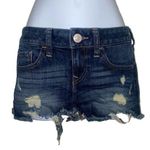 EXPRESS y2k style dark wash low rise micro mini distressed denim shorts Photo 0