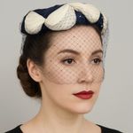 Vintage 1950s Pillbox Hat Navy Straw With White Rose Petals Mesh Veil Rhinestone Blue Photo 0