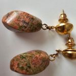 Unakite Jasper Crystal Gold Tone Metal Dangle Pierced Earrings Orange Photo 4