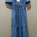 Indulge  Medium Wash Short Sleeve Chambray Denim Tiered Maxi Dress Size L Photo 0
