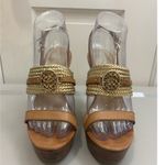 Coach Beatriz Sz 7.5 Leather Gold Woven Wedge Platform Sandals Glam READ Photo 1