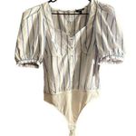 EXPRESS Blue/White Stripe Button Down Sweetheart Neck Puff Sleeve Bodysuit Large Photo 0