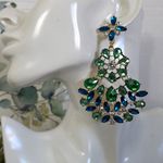 Boutique Large Statement Earrings Gold and Teal Blue with Green Chandalier Photo 7