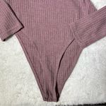 SheIn Pink Foldover Asymmetrical Neck Waffle Knit Bodysuit Photo 6