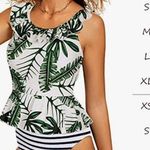 None Palm Leaf Ruffled Peplum Tankini Swimsuit with High Waisted Striped Bottoms Photo 8