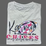 NWT “Karma Is The Guy On The Chiefs” Apricot Med Tshirt Pink Photo 1