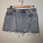 ZARA  Denim Jean Skirt Women’s L Mini Raw Hem Side Lace Med Wash Western Festival Photo 1