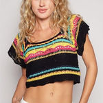 POL NWT‎  Openwork Ethnic Pattern Square Neck Cropped Knit Top Photo 0