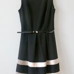 AB Studio  Black and Tan Stripe Classy Sleeveless Knee-Length A-Line Belt Dress 2 Photo 0