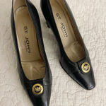 St. John Black Italian Leather Pumps Gold-Tone Button Emblem Size 6.5 $395 Photo 0
