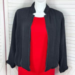 Chico's  Textured Silk Mandarin Collar Open Front Bomber Jacket Black Large 12 Photo 0