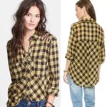 Free People Gauzy Plaid Black Yellow Button Down Shirt size XS oversized Photo 1