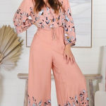 Anthropologie Jaase Floral Dandelion Wide‎ Leg Jumpsuit Peach Blue Small Photo 0