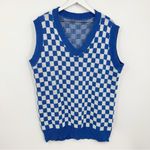 Blue Checkerboard V Neck Sweater Vest Size 1XL Grunge Streetwear Plus Size Boho Photo 0