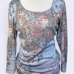 Vintage Y2K MD Boho‎ Floral Script Scoop Neck Top Rhinestones Feminine Romantic Blue Size M Photo 0