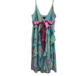 BCBGMAXAZRIA  Silk Y2K Teal Print Pink Bow Ruffled Zip Side Spag Strap Dress 10 Photo 5
