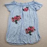 Style Envy Women Dress Size S Blue Chambray Off The Shoulder Floral Embroidered Photo 0