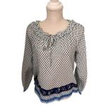 J.Crew  white with blue ribbon block print tie-front ruffle top S Photo 4