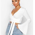 Boohoo Cropped Rib Flare Sleeve Top Cream Size US 6 Photo 0