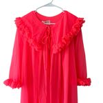 None Vintage 60’s Peignoir Chiffon Robe Hot Coral Pink Ruffles Size Small ILGWU Union Photo 2