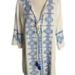 Solitaire Boho Cover Up Embroidered Tunic M White V Neck Lace Up Tassels Photo 0