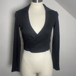 Brave Soul NWT‎  London Black Ribbed Wrap Crop Top Long Sleeve Collared Women's M Photo 1