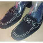 Coach Black Leather Size 7.5 Block Heels Slip On Mules Loafers Iris Suede Square Photo 7