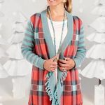 Matilda Jane  Steadfast Sweater Plaid Open cardigan Fringe Trim  Size Medium Photo 1
