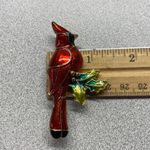 Festive Gold Tone Red Enamel Cardinal Bird Holly Leaf Christmas Brooch Photo 1