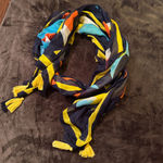 Large Lightweight Scarf abstract floral tasseled navy blue yellow orange Photo 1